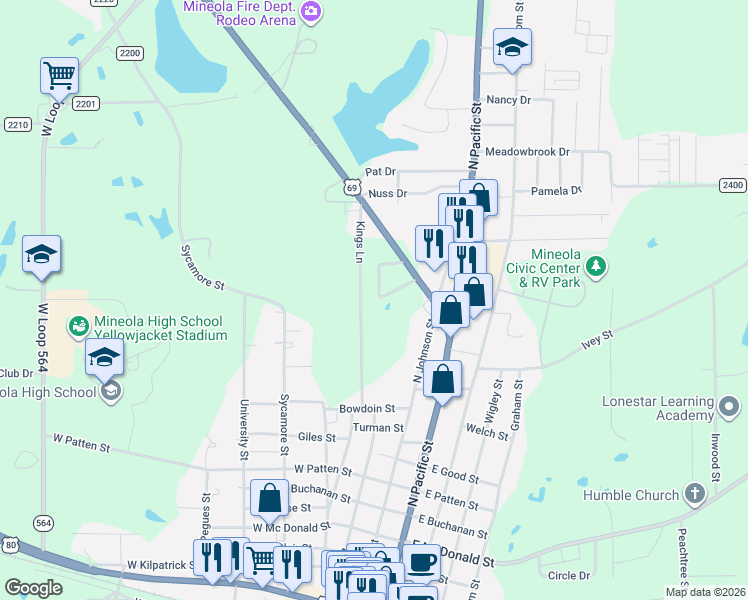 map of restaurants, bars, coffee shops, grocery stores, and more near 109 Maxine Street in Mineola