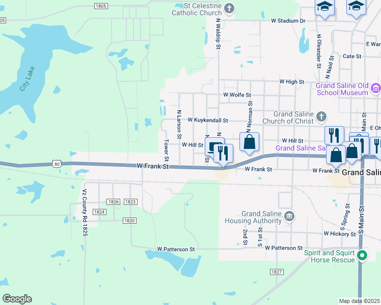 map of restaurants, bars, coffee shops, grocery stores, and more near 301 North Richardson Street in Grand Saline