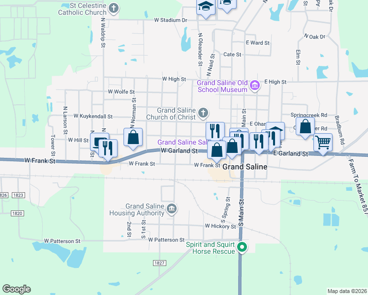 map of restaurants, bars, coffee shops, grocery stores, and more near 502 West Garland Street in Grand Saline