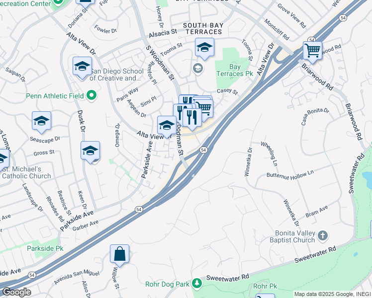 map of restaurants, bars, coffee shops, grocery stores, and more near 2960 Alta View Drive in San Diego