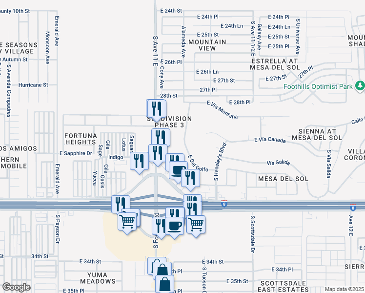 map of restaurants, bars, coffee shops, grocery stores, and more near 10516-10798 S Del Golfo in Yuma