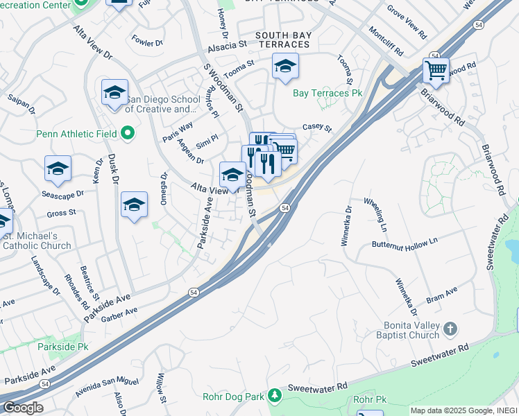 map of restaurants, bars, coffee shops, grocery stores, and more near 2960 Alta View Drive in San Diego
