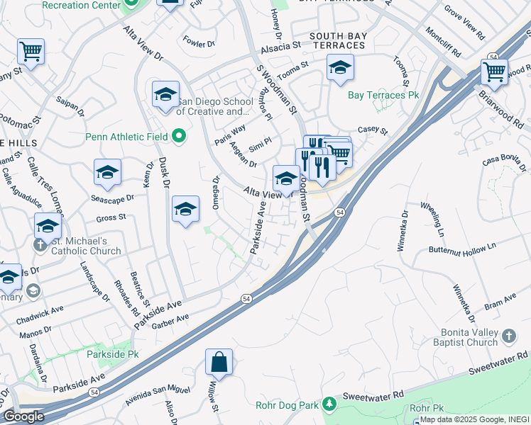 map of restaurants, bars, coffee shops, grocery stores, and more near 6955 Parkside Avenue in San Diego