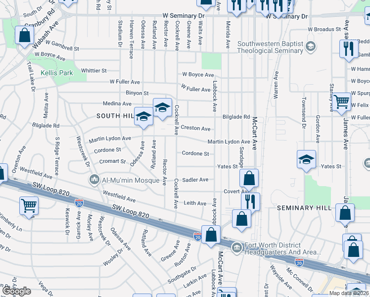 map of restaurants, bars, coffee shops, grocery stores, and more near 2817 Cordone Street in Fort Worth
