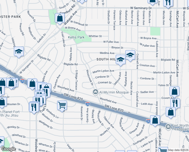 map of restaurants, bars, coffee shops, grocery stores, and more near 3505 Cordone Street in Fort Worth