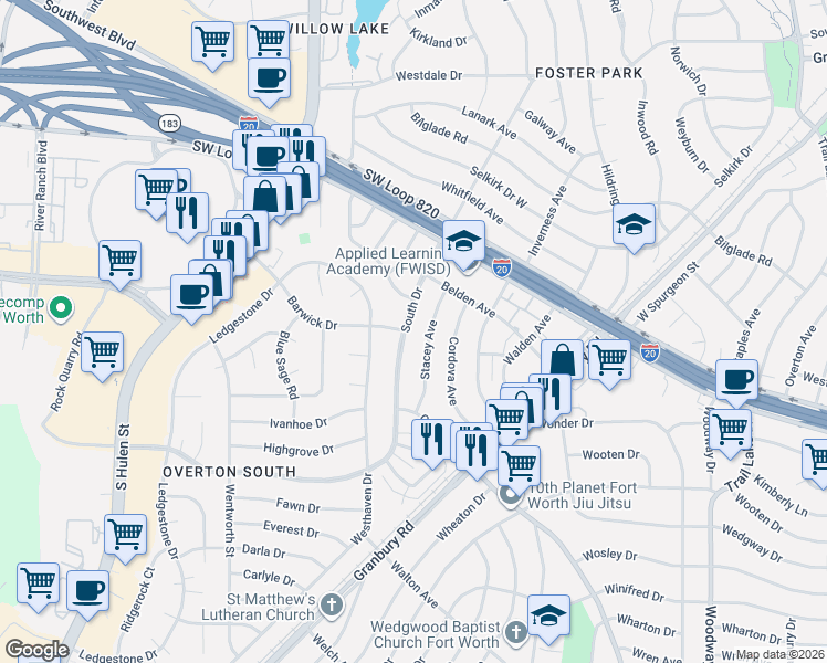 map of restaurants, bars, coffee shops, grocery stores, and more near 5104 South Drive in Fort Worth