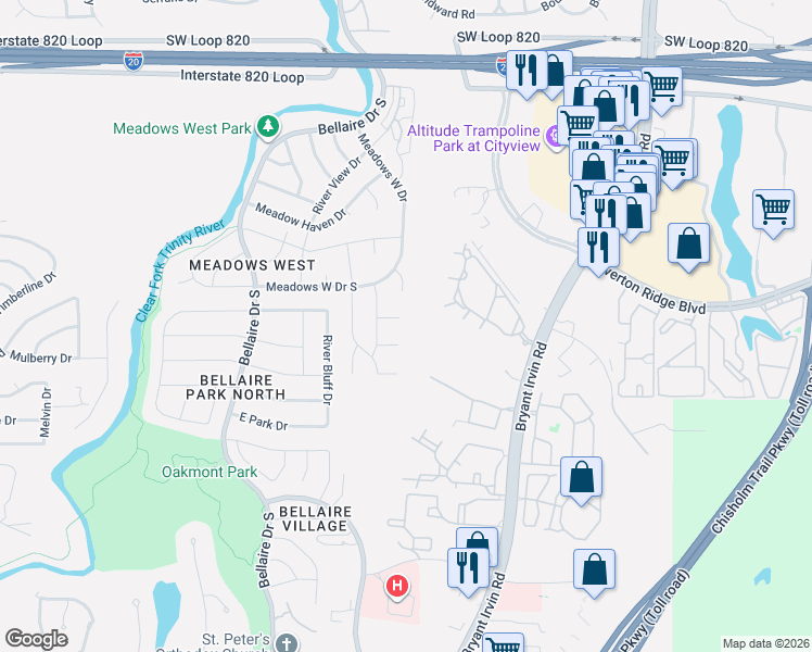 map of restaurants, bars, coffee shops, grocery stores, and more near 6501 Briarcrest Court in Fort Worth