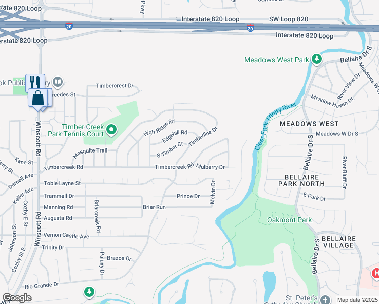 map of restaurants, bars, coffee shops, grocery stores, and more near 1013 Timberline Drive in Benbrook