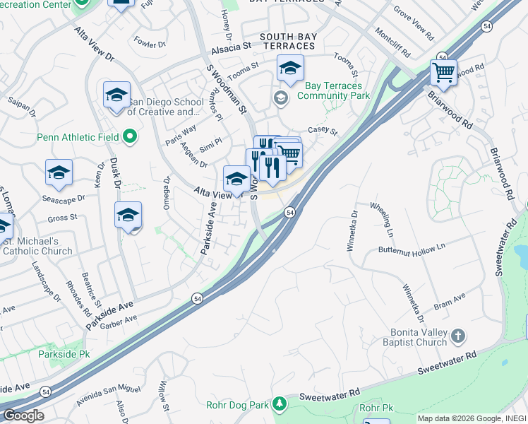 map of restaurants, bars, coffee shops, grocery stores, and more near 2980 Alta View Drive in San Diego