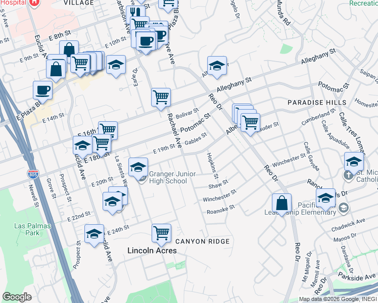 map of restaurants, bars, coffee shops, grocery stores, and more near 5520 Albemarle Street in San Diego