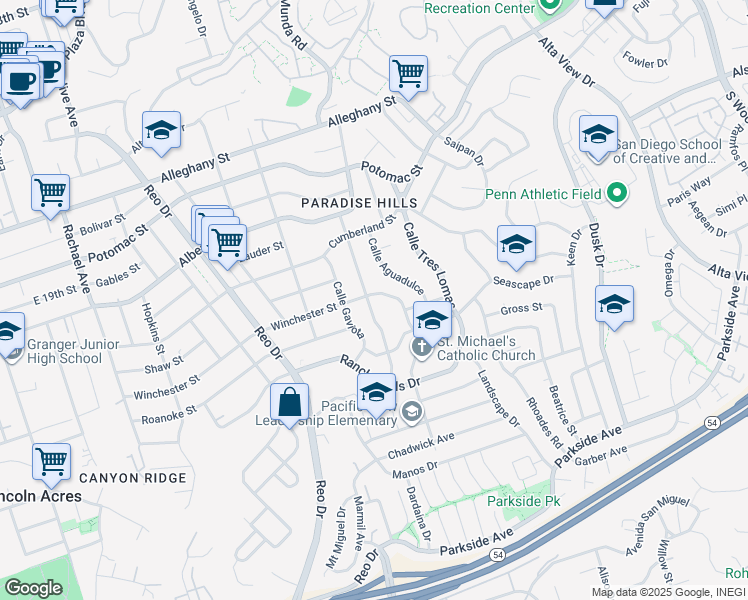 map of restaurants, bars, coffee shops, grocery stores, and more near 6127 Winchester Street in San Diego