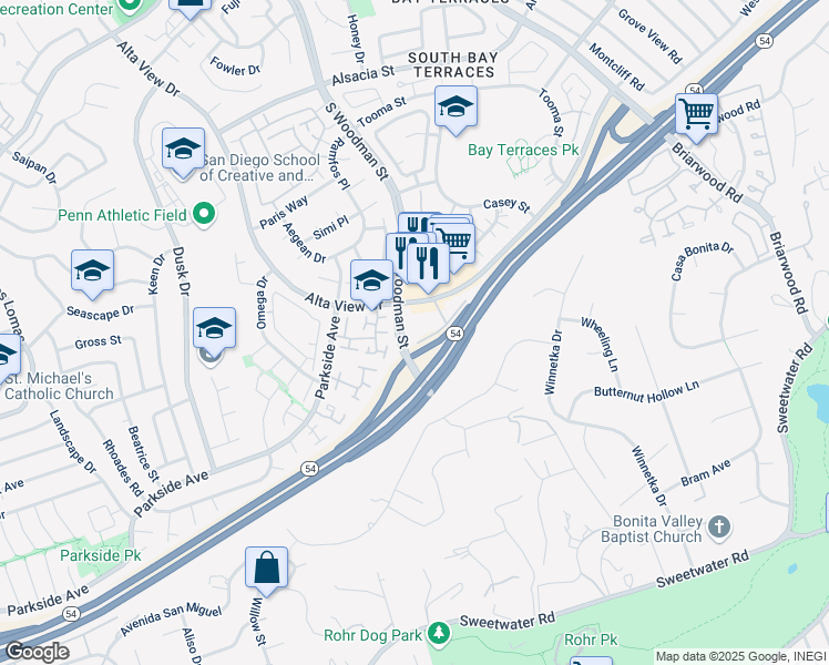 map of restaurants, bars, coffee shops, grocery stores, and more near 2960 Alta View Drive in San Diego