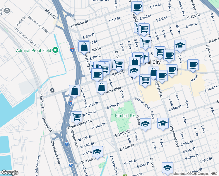 map of restaurants, bars, coffee shops, grocery stores, and more near 105 East Plaza Boulevard in National City