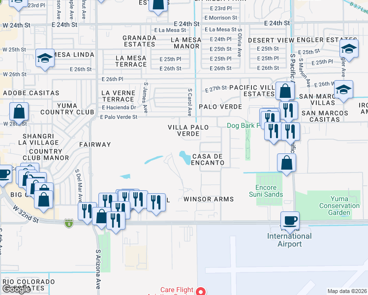 map of restaurants, bars, coffee shops, grocery stores, and more near 2900 South Palo Verde Lane in Yuma