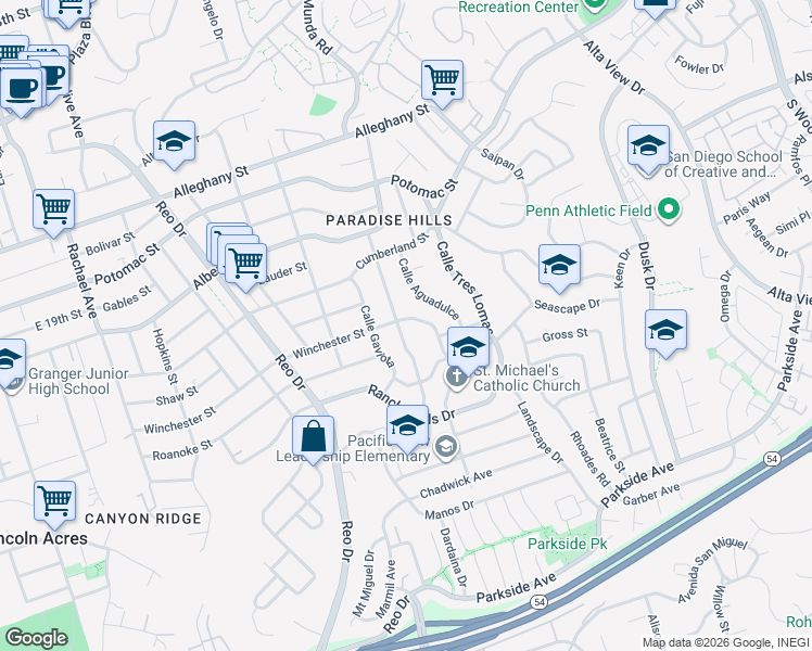 map of restaurants, bars, coffee shops, grocery stores, and more near 6127 Winchester Street in San Diego