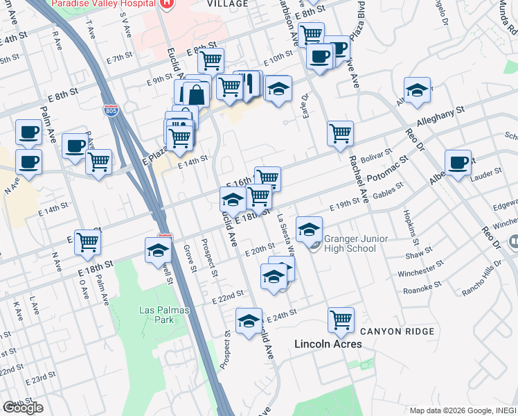 map of restaurants, bars, coffee shops, grocery stores, and more near 1742 South Lanoitan Avenue in National City