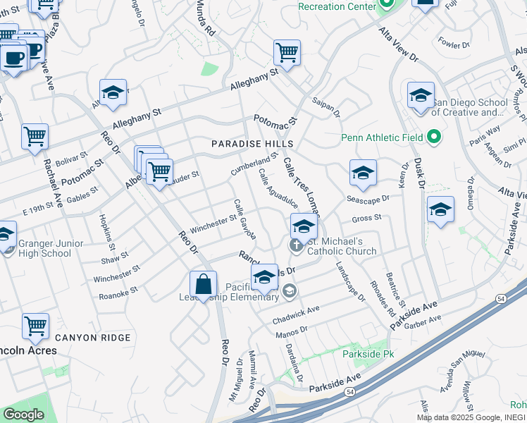 map of restaurants, bars, coffee shops, grocery stores, and more near 6127 Winchester Street in San Diego