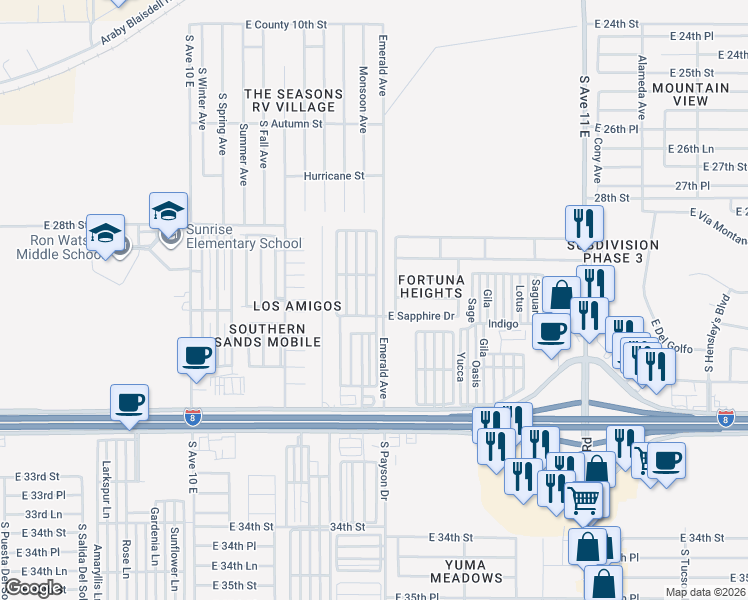 map of restaurants, bars, coffee shops, grocery stores, and more near 10666 South Emerald Avenue in Yuma