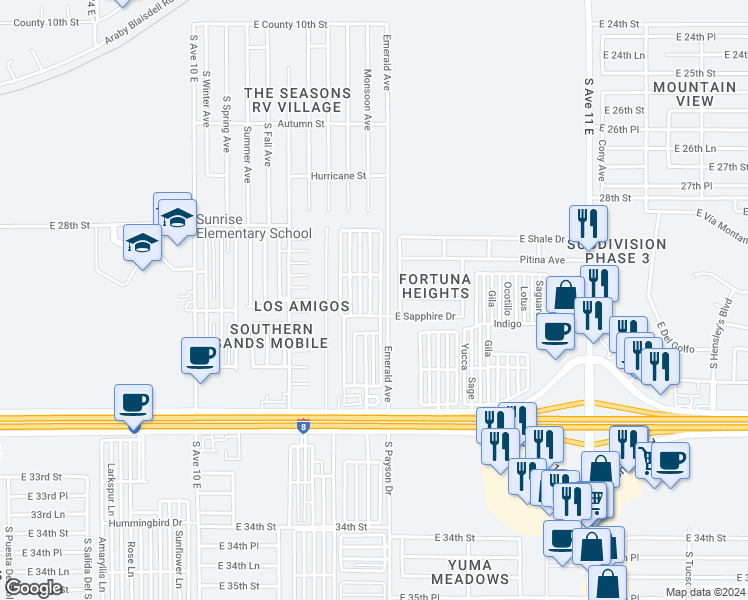 map of restaurants, bars, coffee shops, grocery stores, and more near 10666 South Emerald Avenue in Yuma