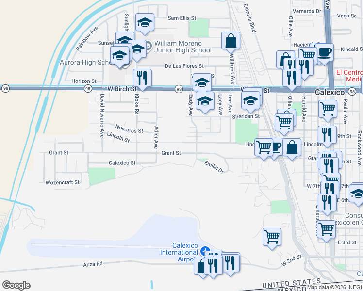 map of restaurants, bars, coffee shops, grocery stores, and more near 728 Lincoln Street in Calexico