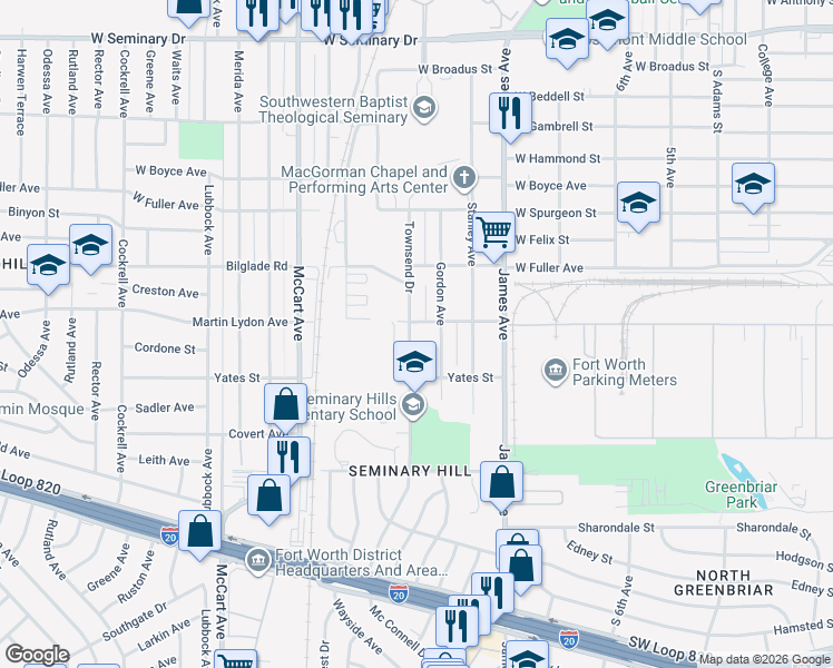 map of restaurants, bars, coffee shops, grocery stores, and more near 4925 Townsend Drive in Fort Worth