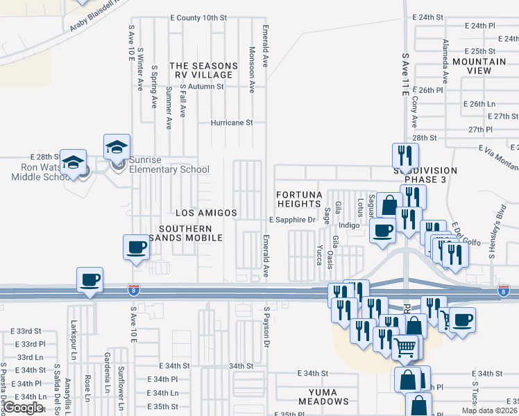 map of restaurants, bars, coffee shops, grocery stores, and more near 10666 South Emerald Avenue in Yuma