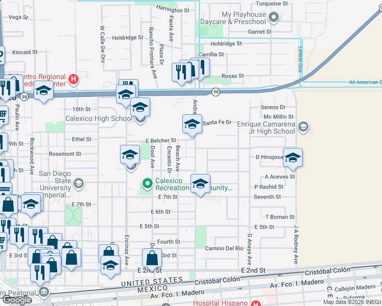 map of restaurants, bars, coffee shops, grocery stores, and more near 816 Beach Ave in Calexico