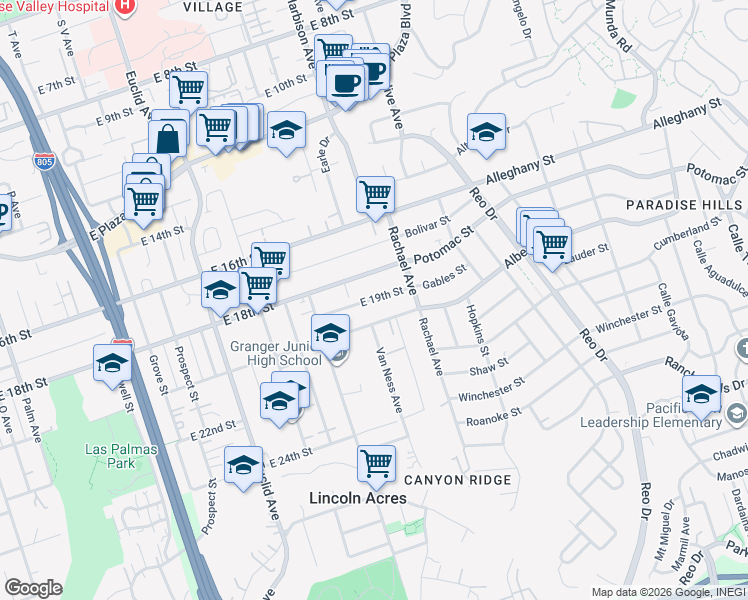 map of restaurants, bars, coffee shops, grocery stores, and more near 3015 East 20th Street in National City