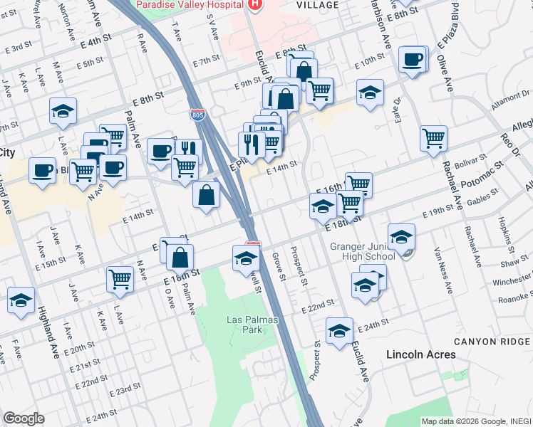 map of restaurants, bars, coffee shops, grocery stores, and more near 1624 Grove Street in National City