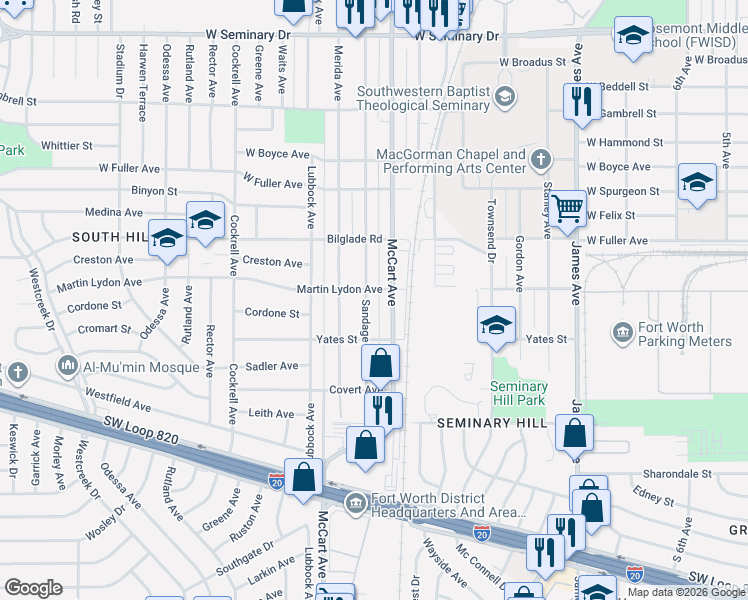 map of restaurants, bars, coffee shops, grocery stores, and more near 4920 Sandage Avenue in Fort Worth