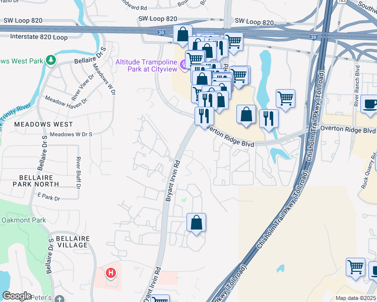 map of restaurants, bars, coffee shops, grocery stores, and more near 5155 Bryant Irvin Road in Fort Worth