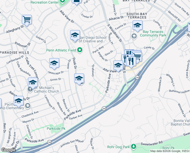 map of restaurants, bars, coffee shops, grocery stores, and more near 6622 Omega Drive in San Diego