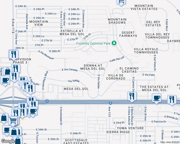 map of restaurants, bars, coffee shops, grocery stores, and more near 11705 Calle Gaudi in Yuma
