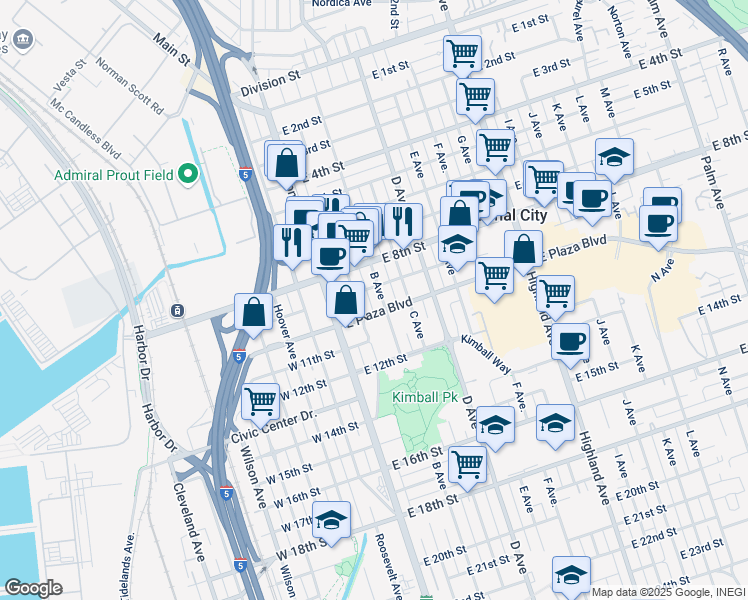 map of restaurants, bars, coffee shops, grocery stores, and more near 930 B Avenue in National City