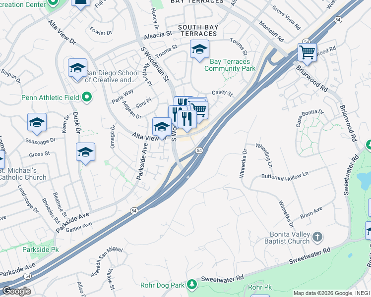 map of restaurants, bars, coffee shops, grocery stores, and more near 2970 Alta View Drive in San Diego