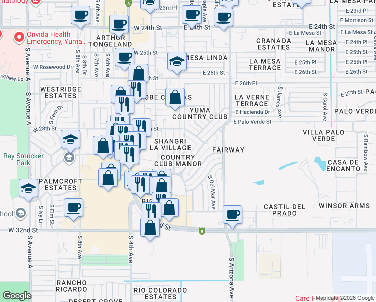 map of restaurants, bars, coffee shops, grocery stores, and more near 220 East Palo Verde Street in Yuma