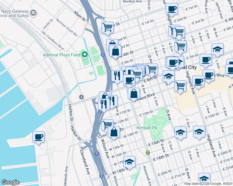 map of restaurants, bars, coffee shops, grocery stores, and more near 900 Roosevelt Avenue in National City