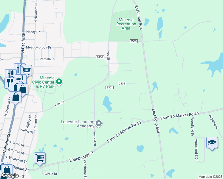 map of restaurants, bars, coffee shops, grocery stores, and more near 209 County Road 2501 in Mineola