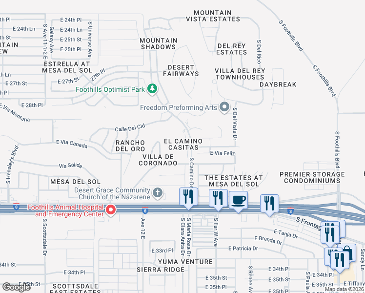 map of restaurants, bars, coffee shops, grocery stores, and more near 10688 South Camio Del Sol in Yuma