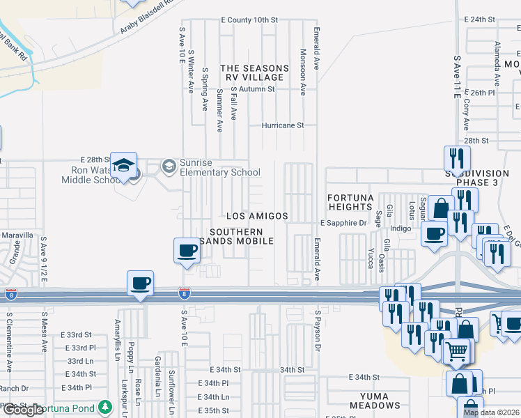 map of restaurants, bars, coffee shops, grocery stores, and more near 10349 East Compadre Lane in Yuma