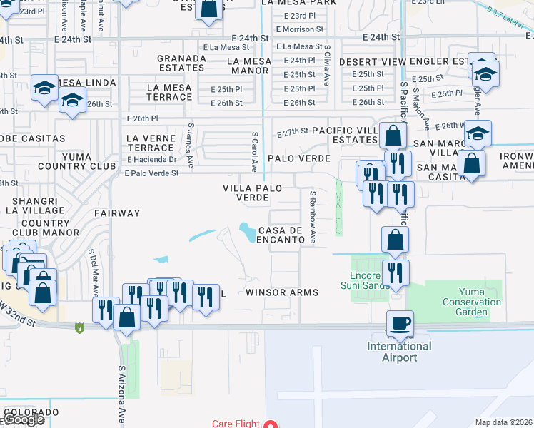 map of restaurants, bars, coffee shops, grocery stores, and more near 3028 South Torrey Pines Circle in Yuma