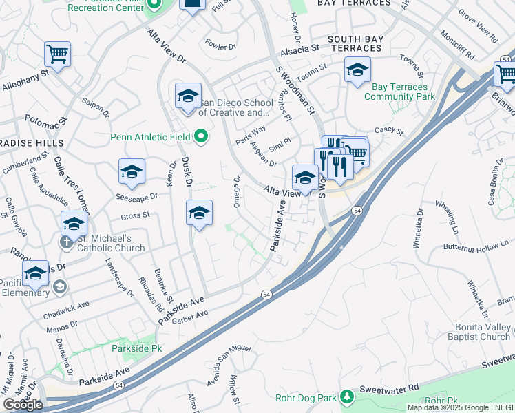 map of restaurants, bars, coffee shops, grocery stores, and more near 6824 Camphor Lane in San Diego