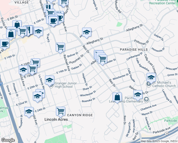 map of restaurants, bars, coffee shops, grocery stores, and more near 2343 Hopkins Street in San Diego