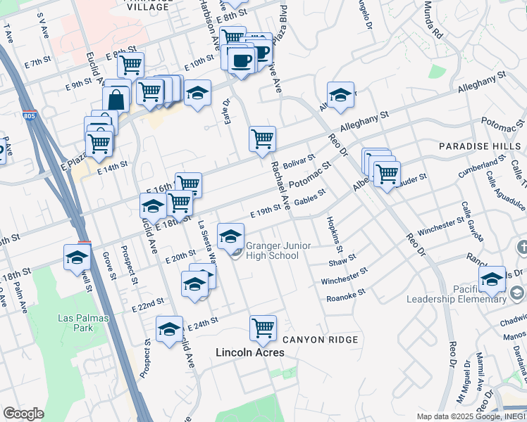 map of restaurants, bars, coffee shops, grocery stores, and more near 3015 East 20th Street in National City