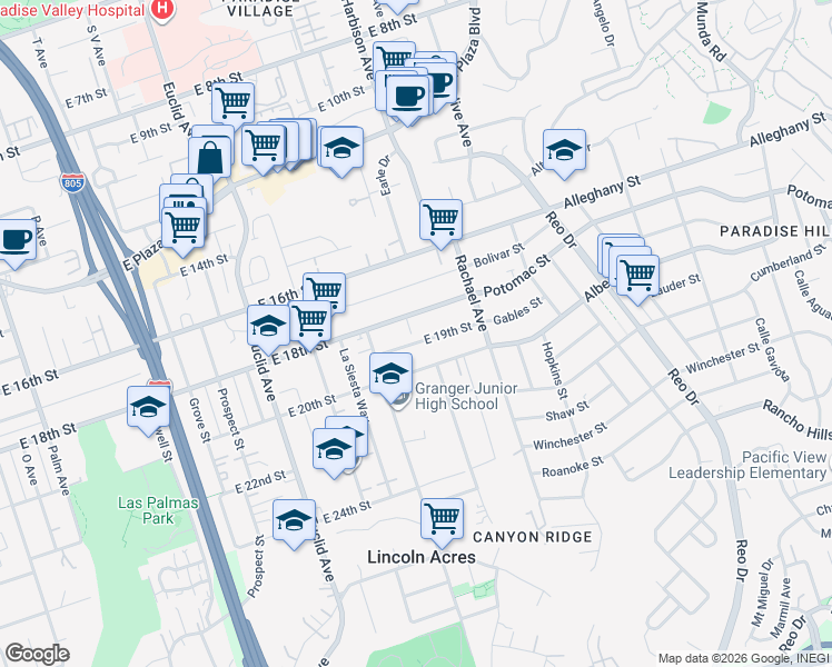 map of restaurants, bars, coffee shops, grocery stores, and more near 2906 East 19th Street in National City