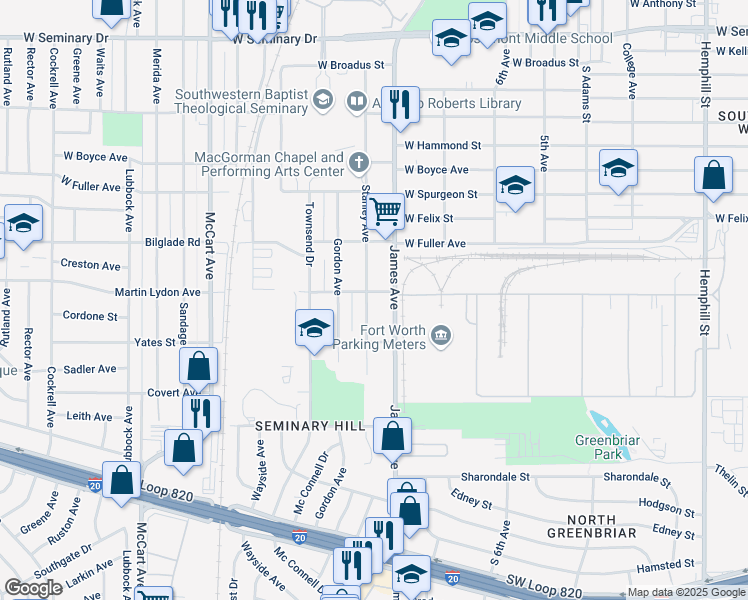 map of restaurants, bars, coffee shops, grocery stores, and more near 4924 James Avenue in Fort Worth