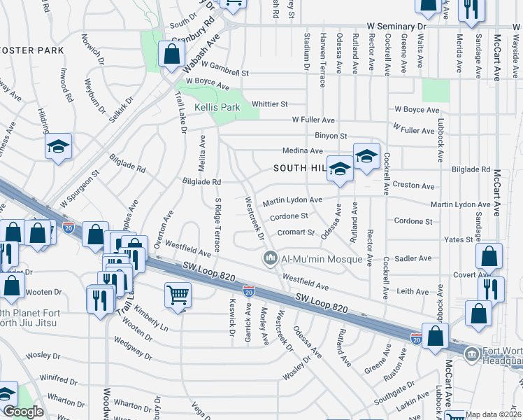 map of restaurants, bars, coffee shops, grocery stores, and more near in Fort Worth