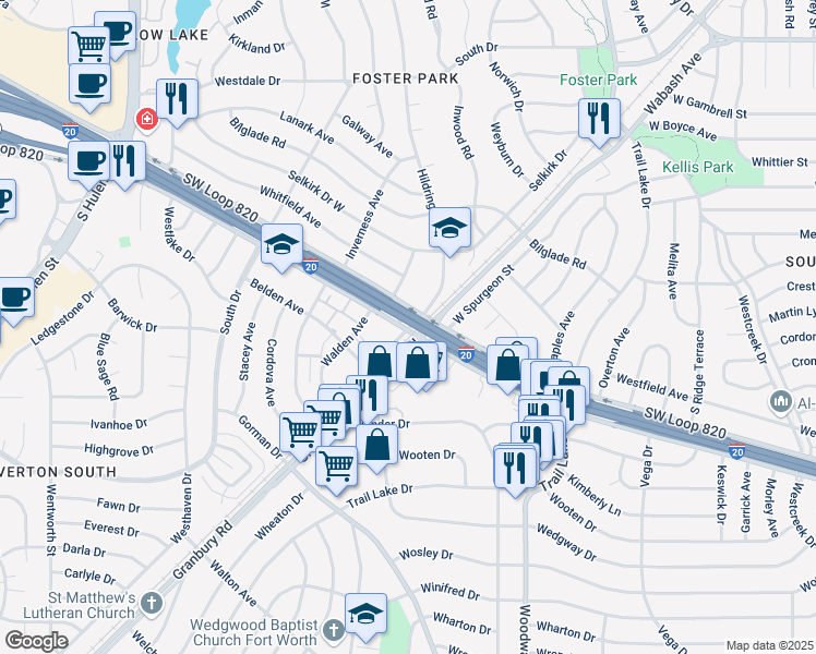 map of restaurants, bars, coffee shops, grocery stores, and more near 5001 Granbury Road in Fort Worth