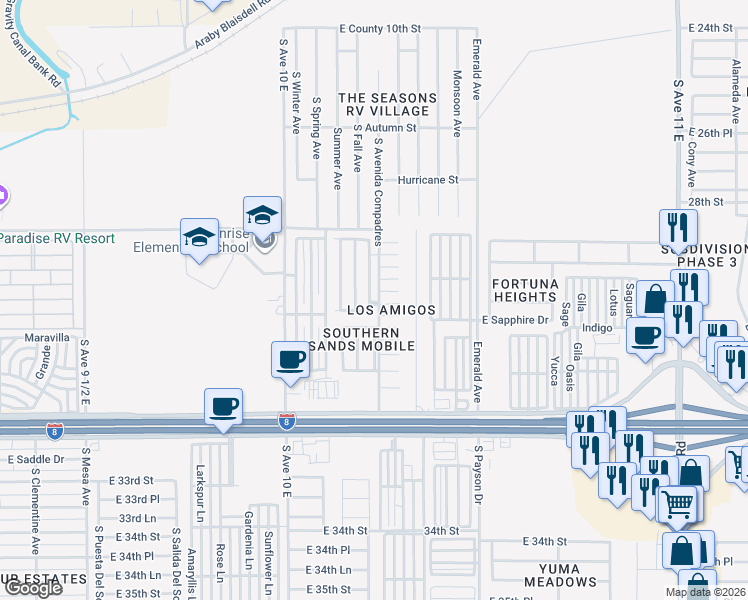map of restaurants, bars, coffee shops, grocery stores, and more near 10650 South Avenida Compadres in Yuma