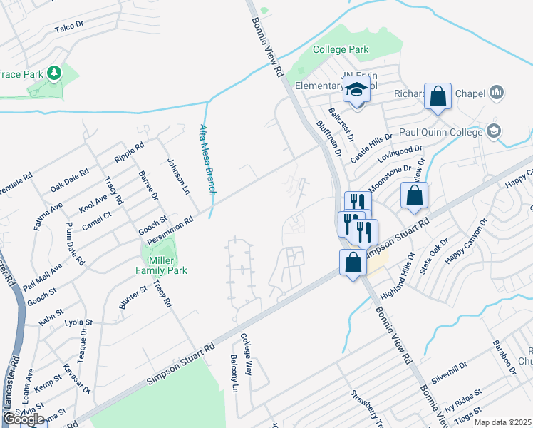 map of restaurants, bars, coffee shops, grocery stores, and more near 5726 Highland Hills Drive in Dallas